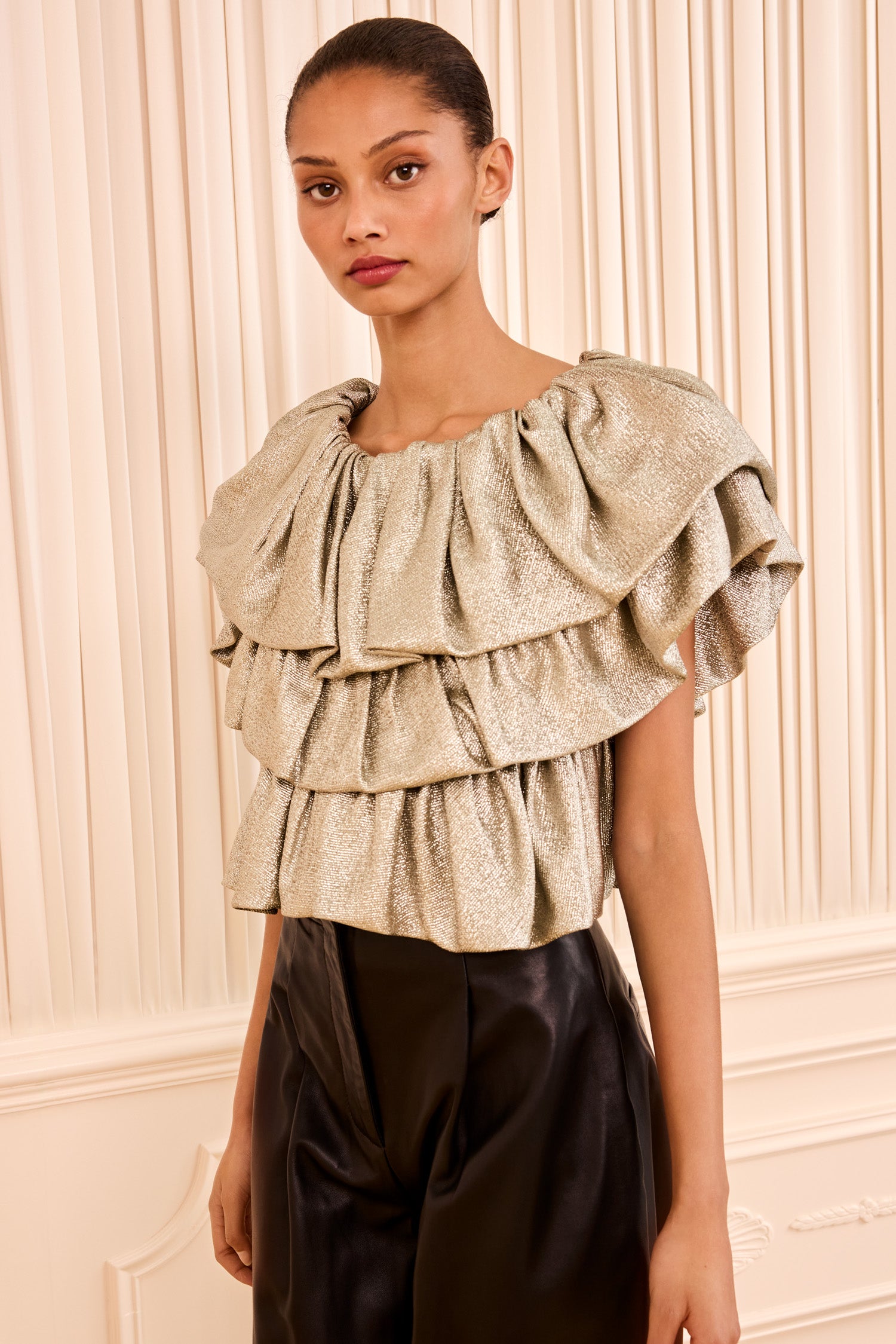 Ulla Johnson Argent Lurex Lamé Tiered Ruffle Top - Front View On Model | Ulla Johnson