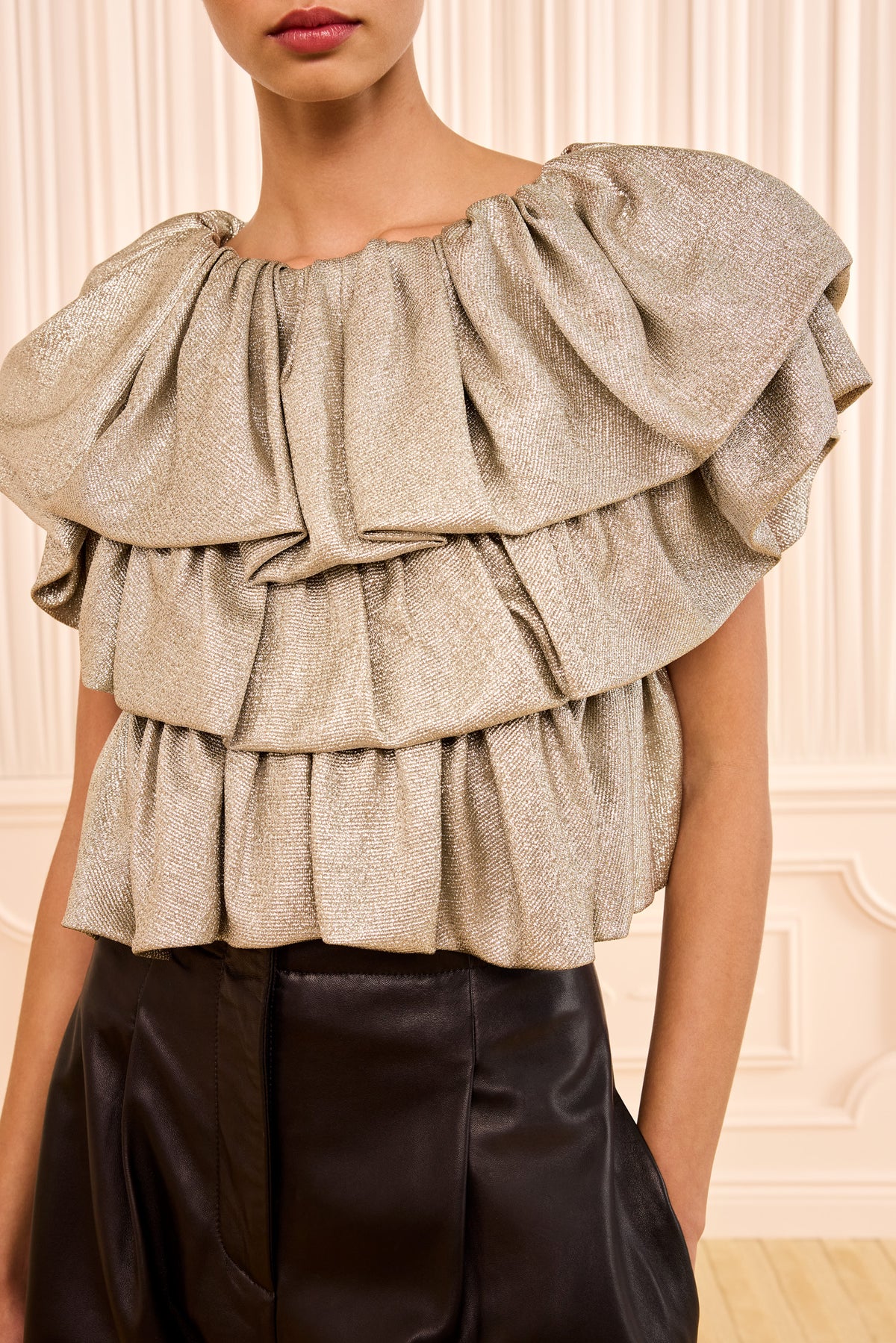 Argent Lurex Lamé Tiered Ruffle Blouse - Close-Up Ruffle Detail On Model | Ulla Johnson