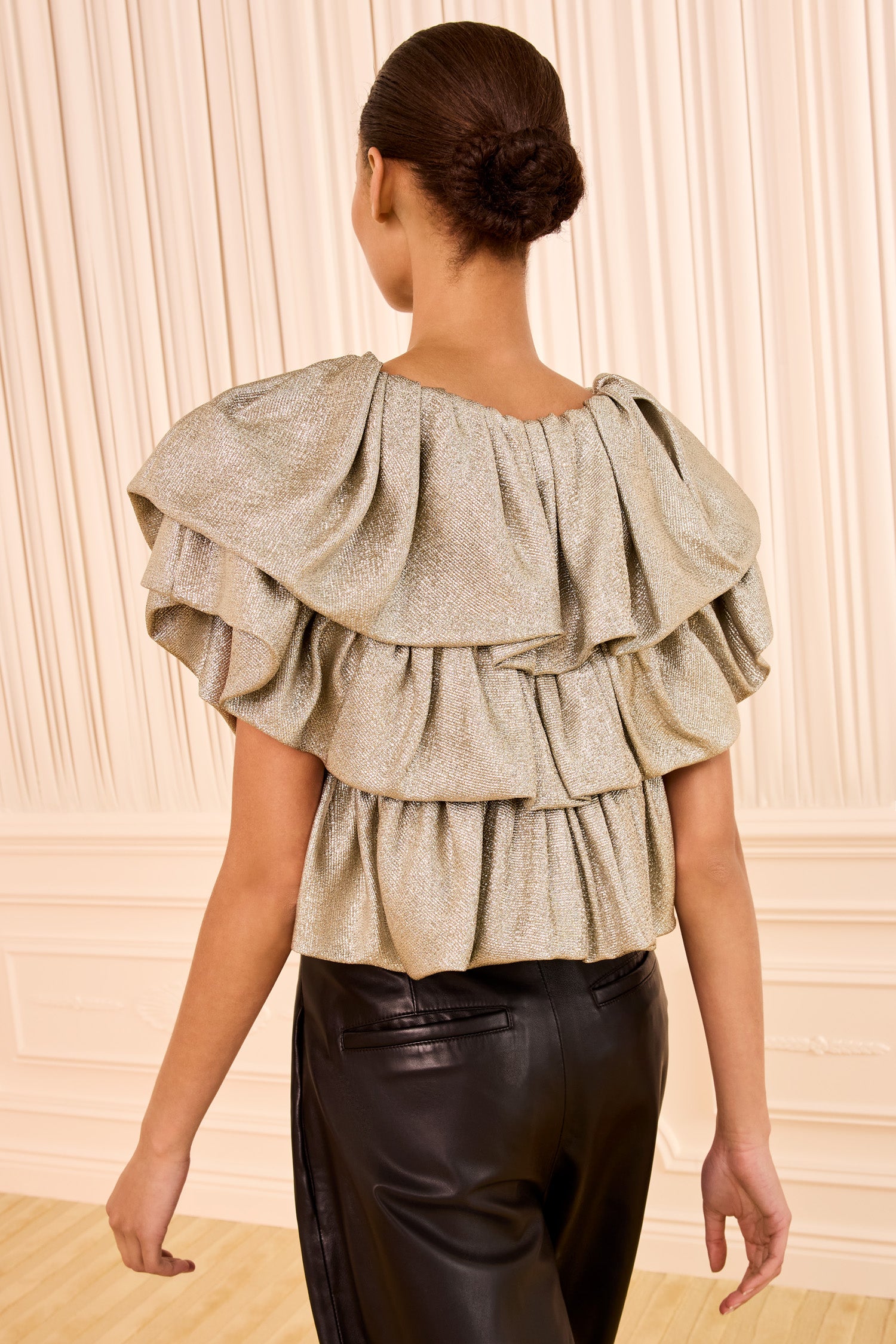 Ulla Johnson Argent Lurex Lamé Tiered Ruffle Top - Back View On Model | Ulla Johnson