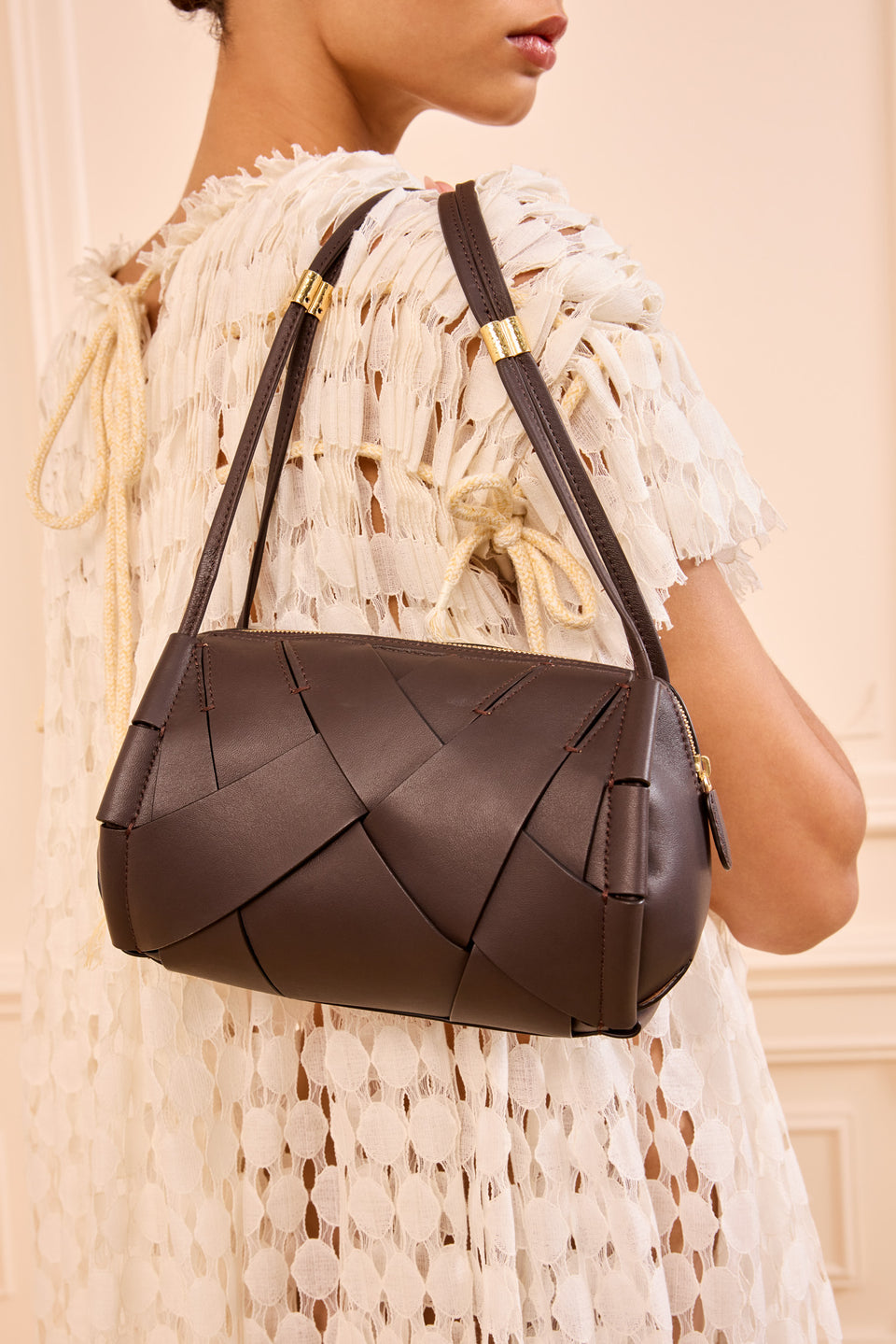 Designer Wenge Leather Charlotte Camera Bag Worn on Shoulder - On Model Side View | Ulla Johnson