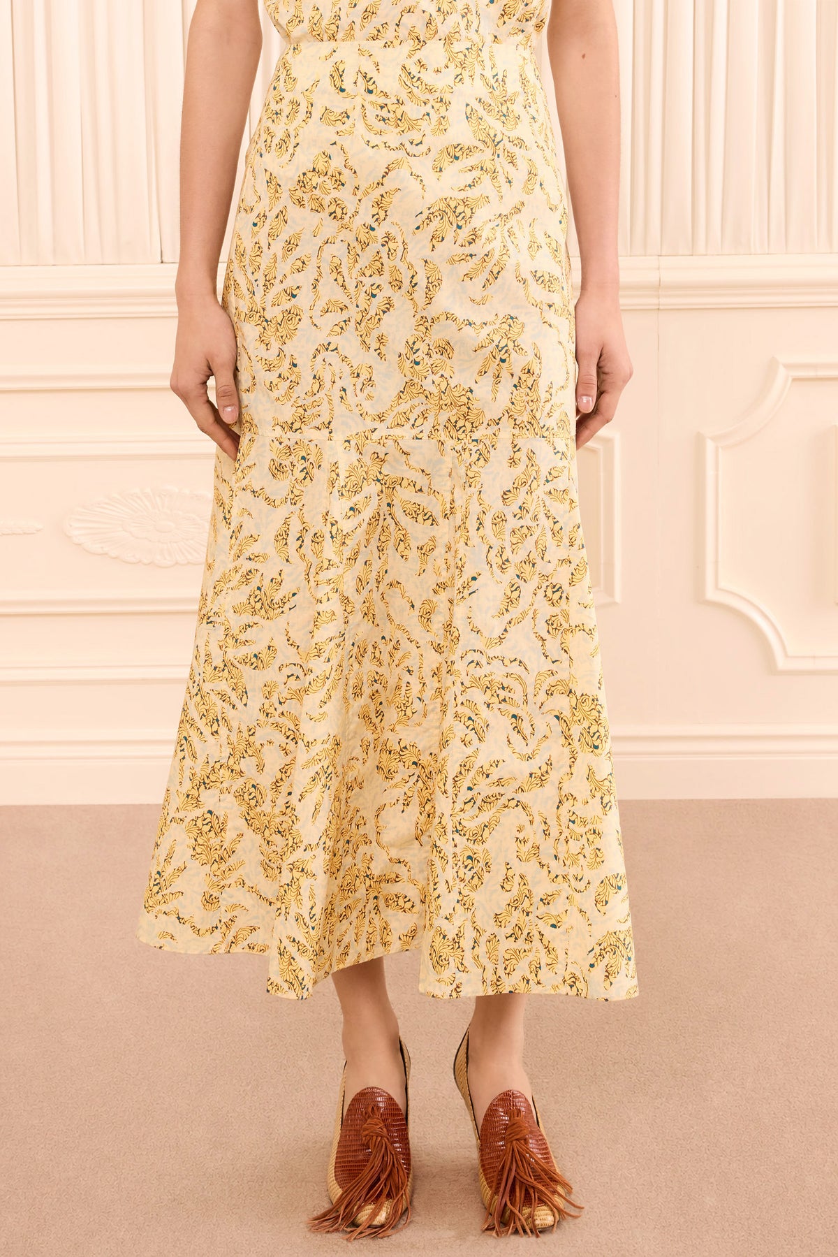 Chamomile Printed Cotton Trumpet Midi Skirt - Flared Hem Close-Up | Ulla Johnson