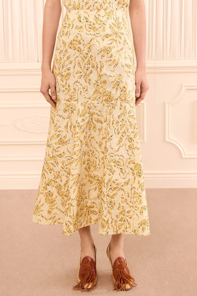 Chamomile Printed Cotton Trumpet Midi Skirt - Flared Hem Close-Up | Ulla Johnson