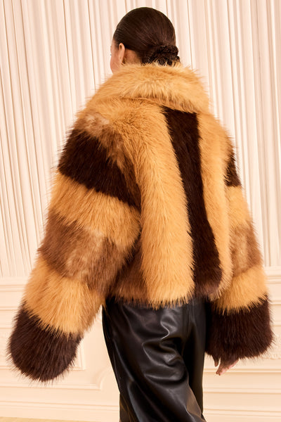 Sable Patchwork Faux Fur Coat, Back View, Draped Sleeves and Wide Collar | Ulla Johnson