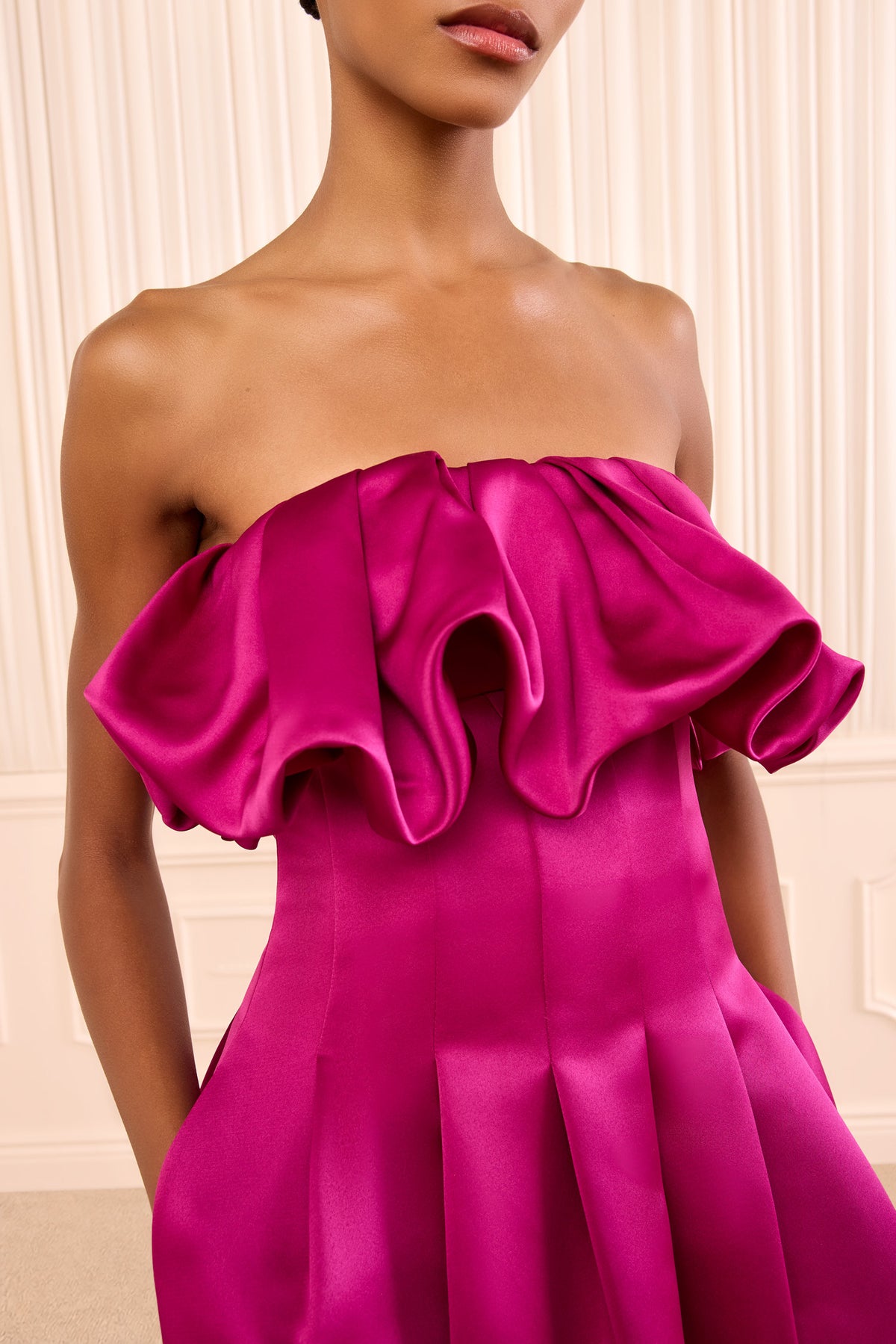 Orchid Satin Strapless Dress - Ruffled Bodice Close-Up Detail | Ulla Johnson