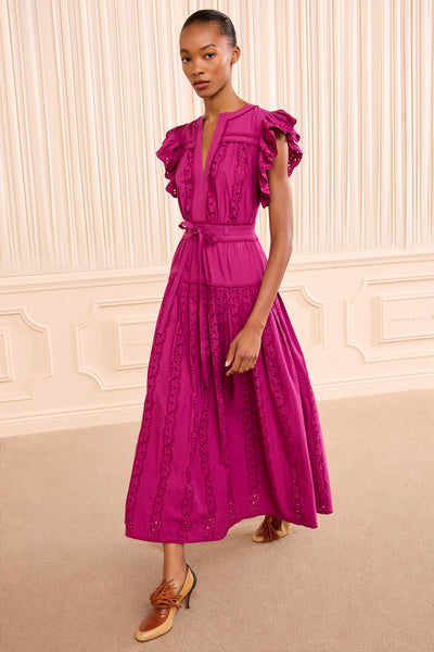 Orchid Cotton Poplin Midi Dress - Front View, Eyelet Embroidery & Ruffle Sleeves | Ulla Johnson