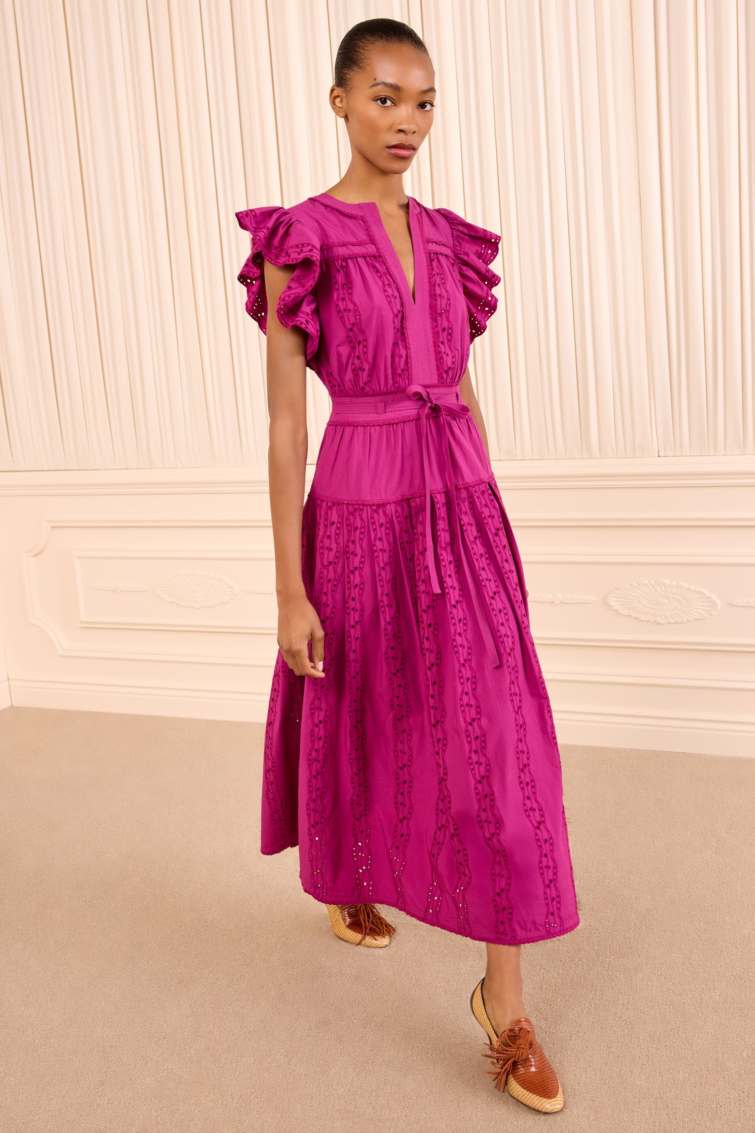 Ulla Johnson Orchid Cotton Poplin Midi Dress - Three-Quarter View, Pleated Drop Skirt | Ulla Johnson