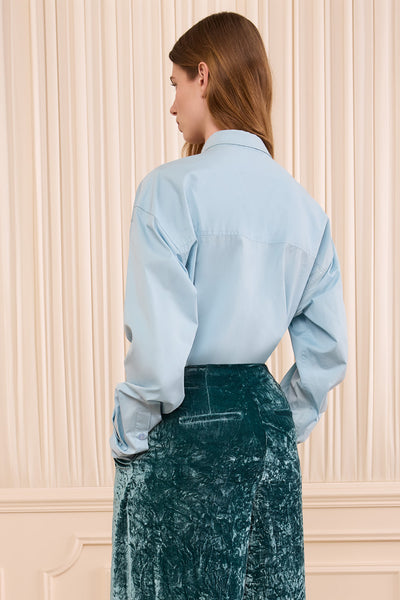 ⁣⁢Pantalone a gamba larga in velluto stropicciato Jadeite - Flat lay, pantalone designer di lusso | Ulla Johnson⁤⁣