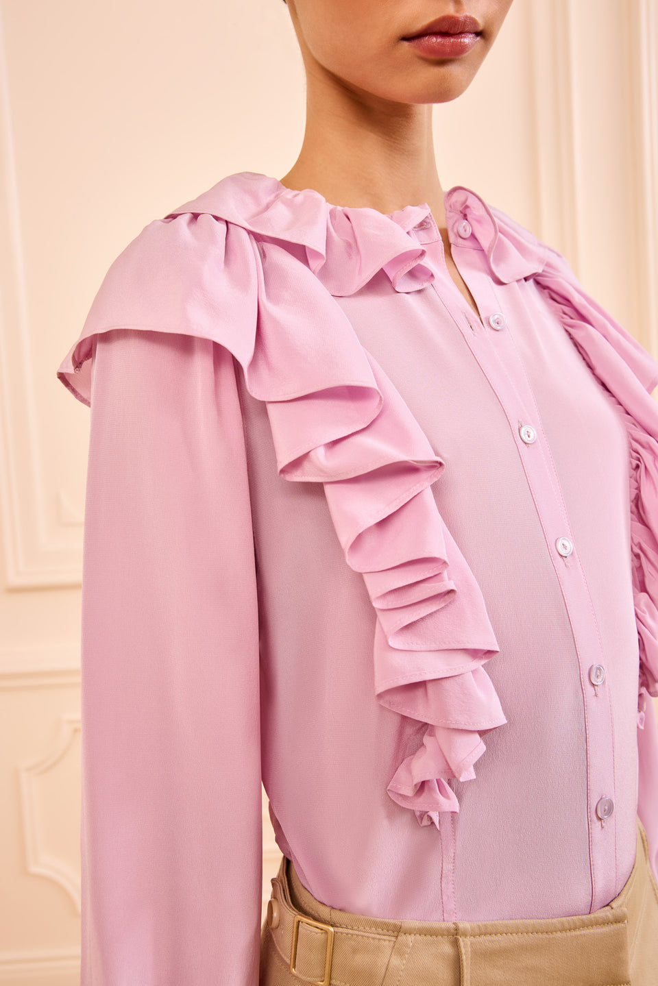 Aster Luxury Silk Blouse Cascading Ruffle & Button Detail Close-Up | Ulla Johnson