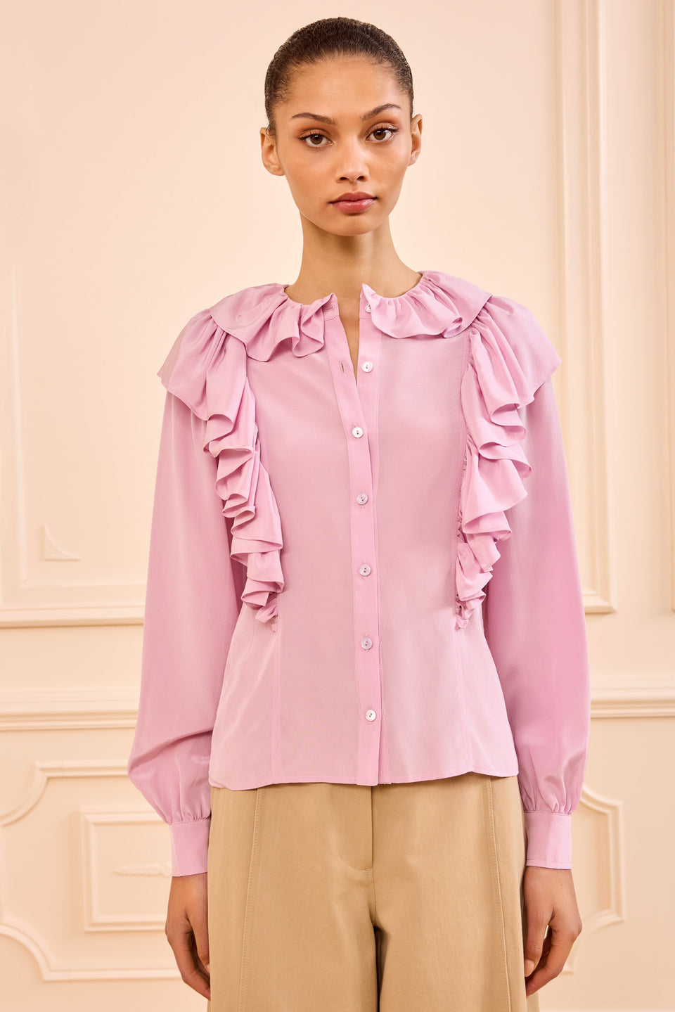 Aster Designer Silk Crepe Ruffle Blouse - Front View On Model | Ulla Johnson