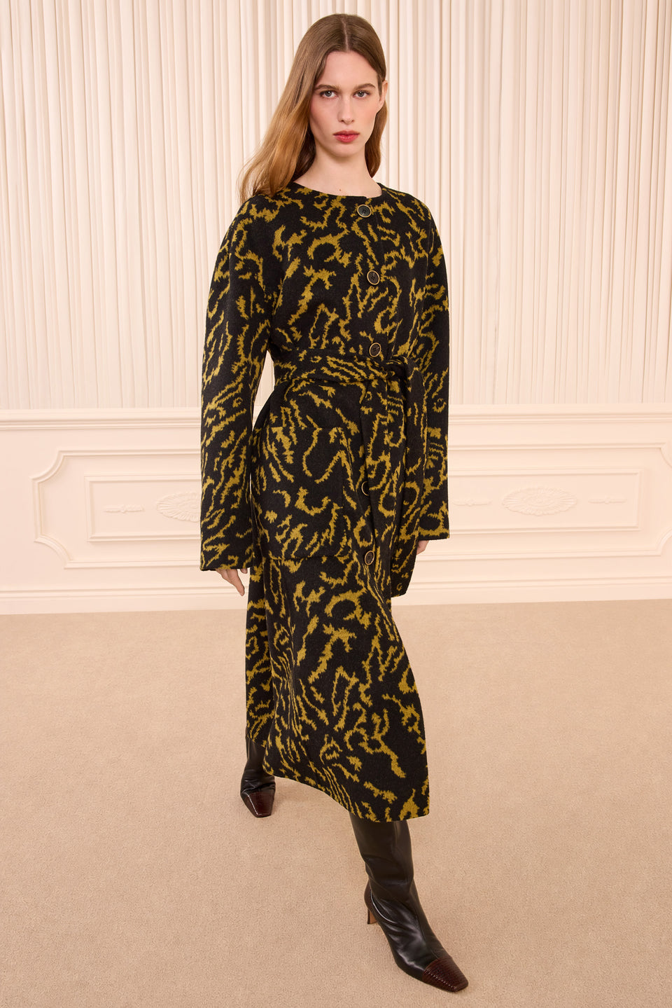 Amber Wool Cashmere Printed Midi Coat - Front View On Model | Ulla Johnson
