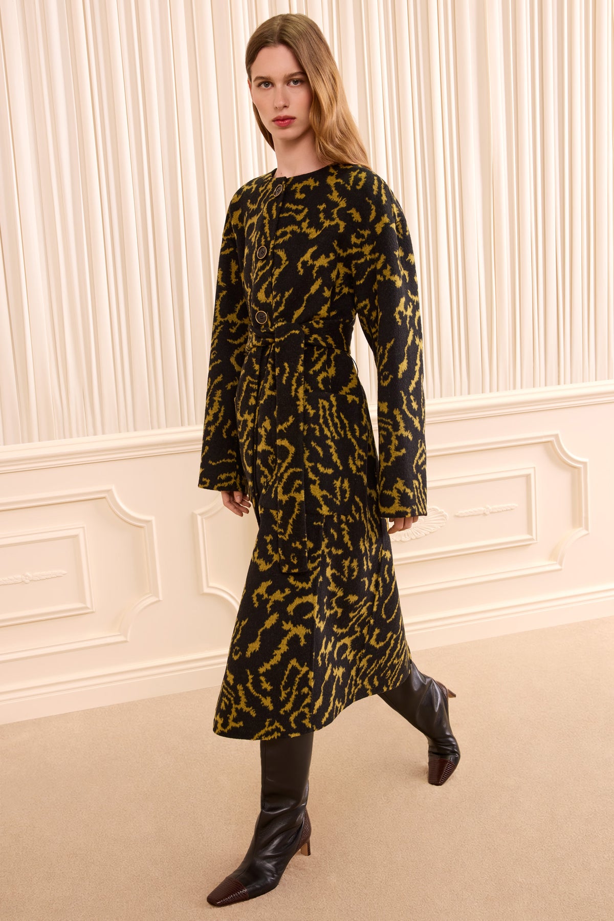 Amber Ikat-Print Wool Coat with Patch Pockets - Three-Quarter View | Ulla Johnson
