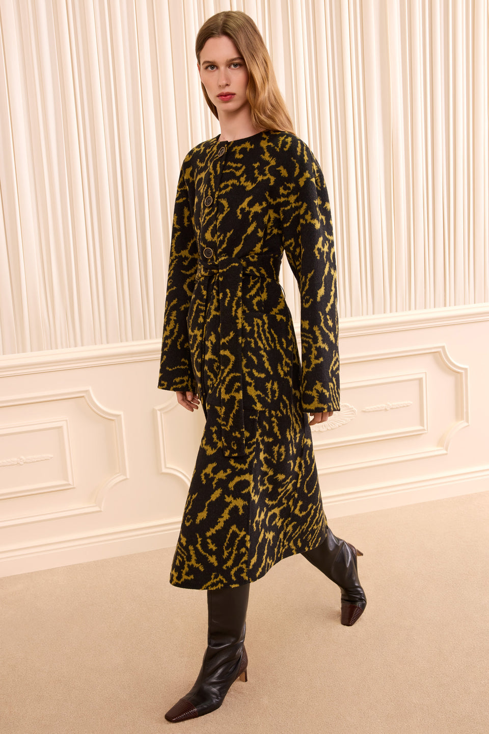 Amber Ikat-Print Wool Coat with Patch Pockets - Three-Quarter View | Ulla Johnson