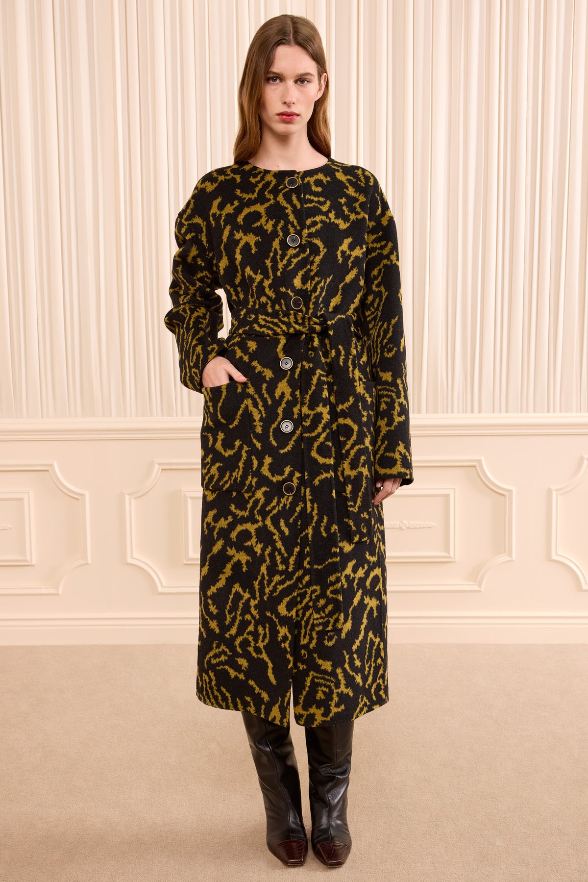 Amber Designer Wool Cashmere Belted Coat - Front On Model, Hands in Pockets | Ulla Johnson