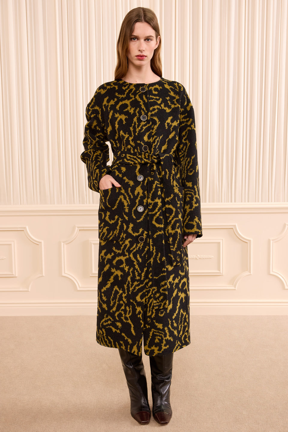Amber Designer Wool Cashmere Belted Coat - Front On Model, Hands in Pockets | Ulla Johnson