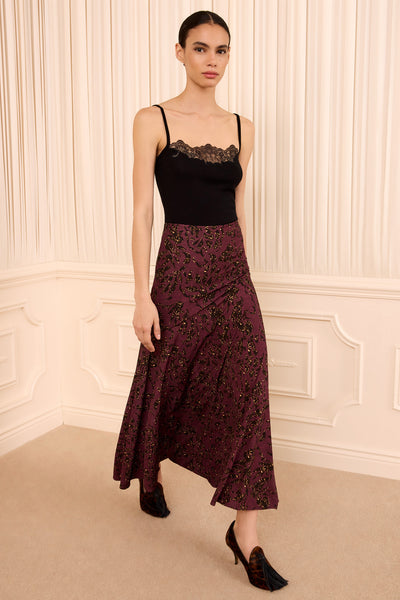 Claret Floral Viscose Jersey Flare Midi Skirt - Front View On Model | Ulla Johnson
