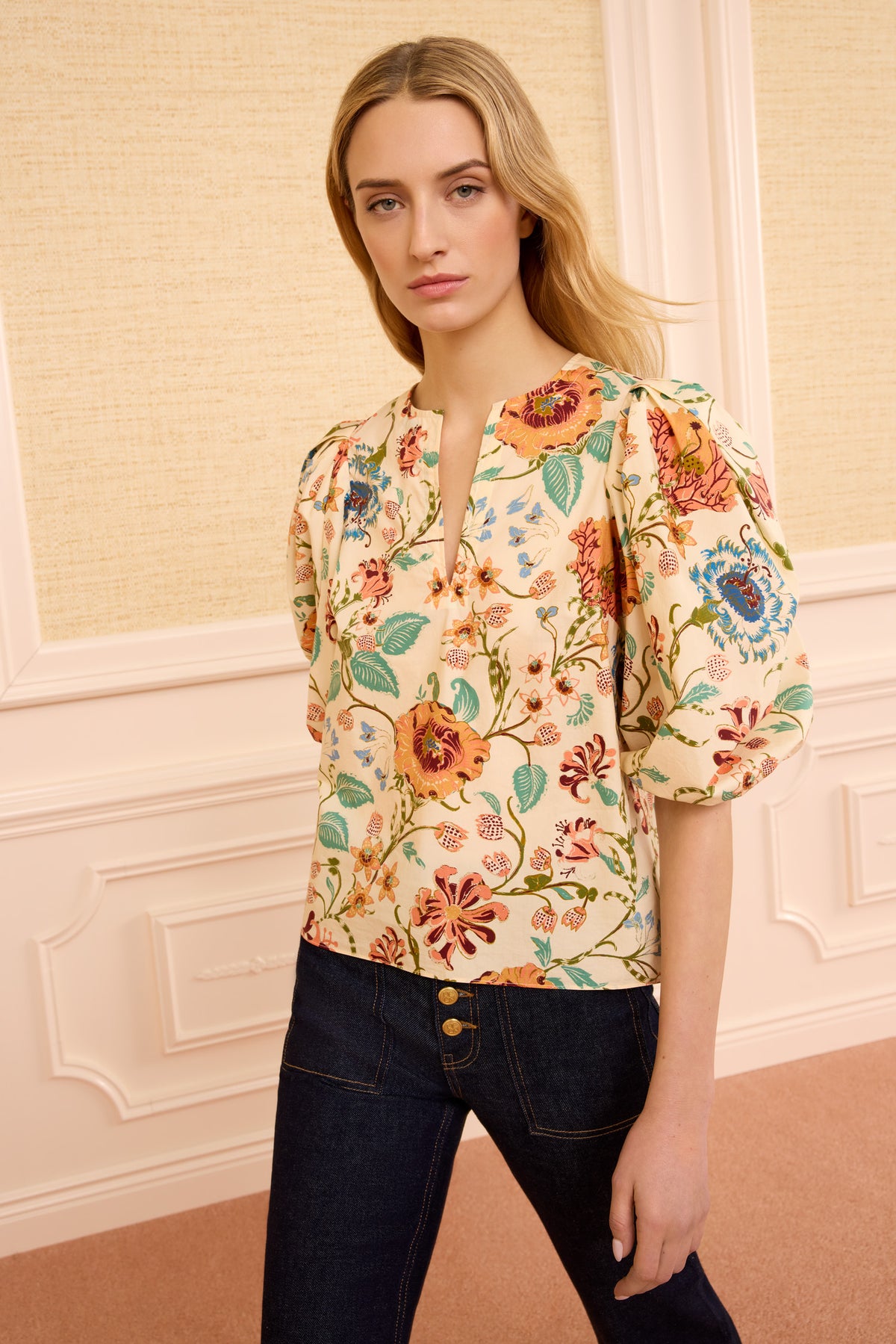 Abalone Floral Cotton Puff Sleeve Top - Front View On Model | Ulla Johnson