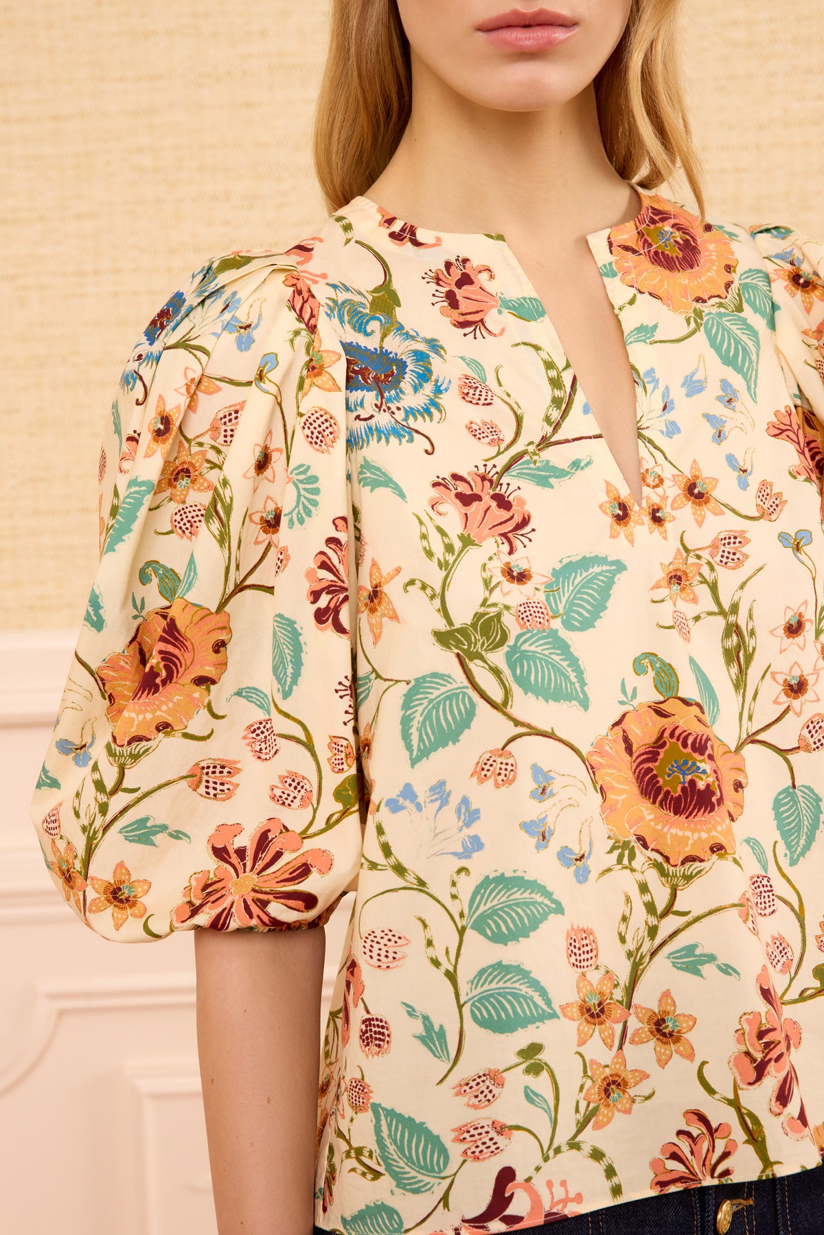 Abalone Floral Cotton Top - Split Neckline and Puff Sleeve Detail | Ulla Johnson