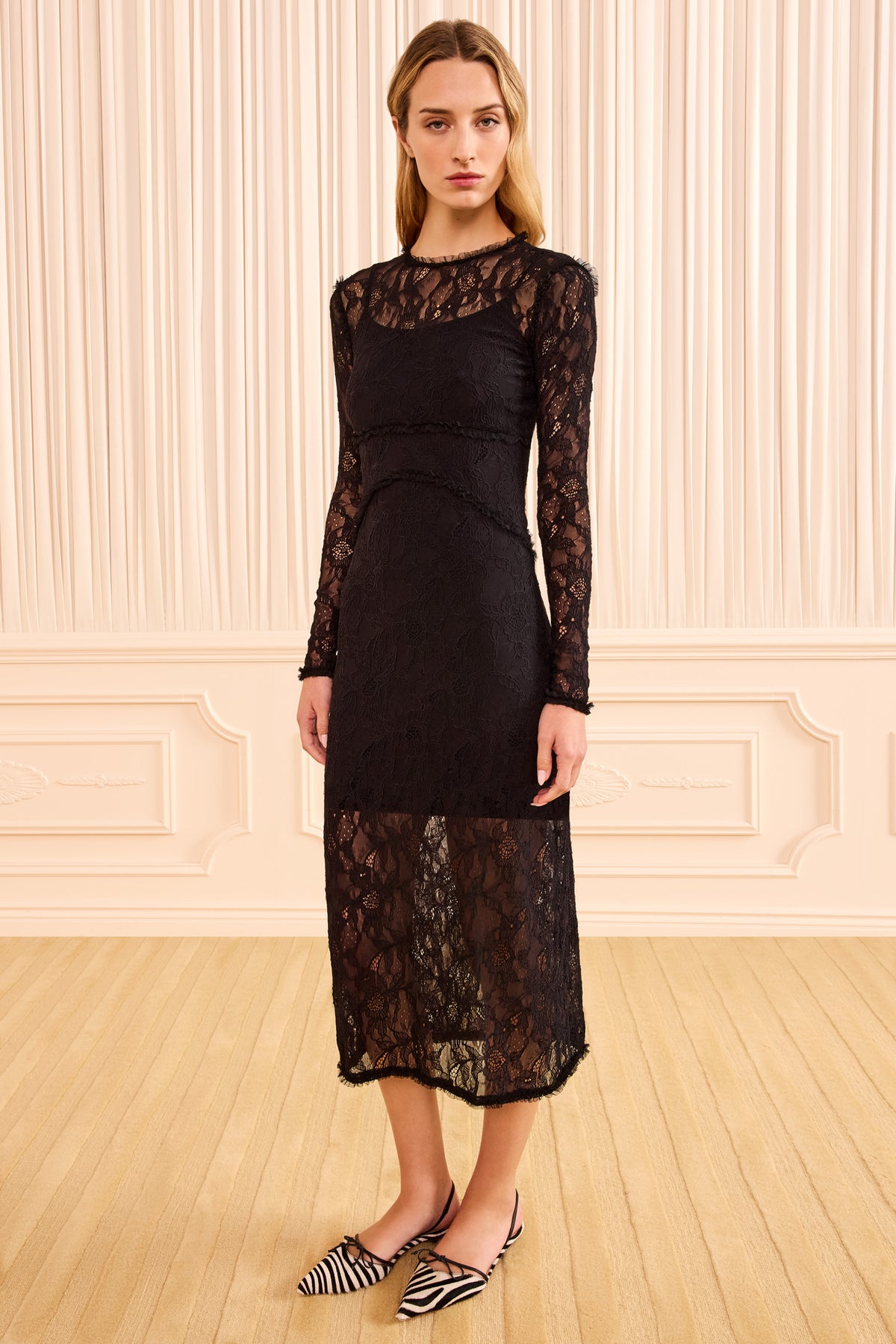 Noir Designer Lace Midi Dress - Full Front, On Model | Ulla Johnson