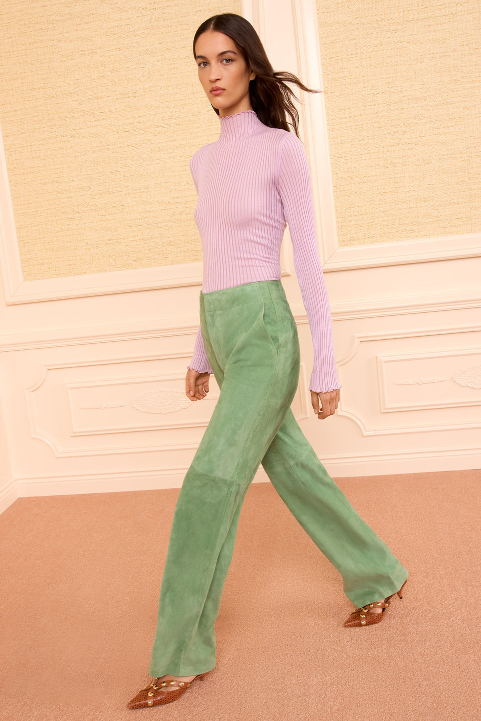 Designer Green Suede Freja Pant - Side Profile Walking View | Ulla Johnson