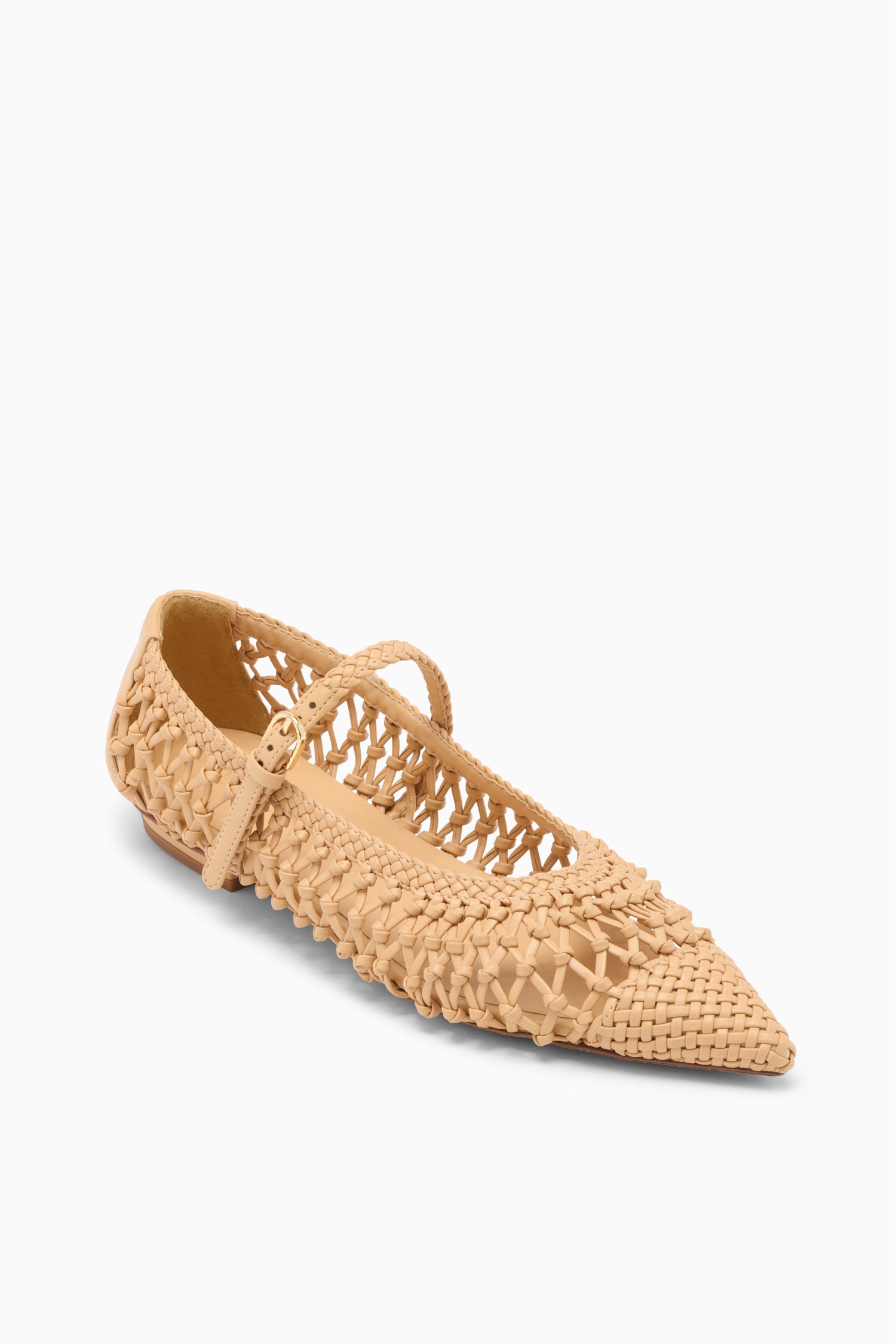 Ulla Johnson Miele Gracie Luxury Knotted Ballet Flat, Pointed Toe & Gold Buckle - Angled View | Ulla Johnson