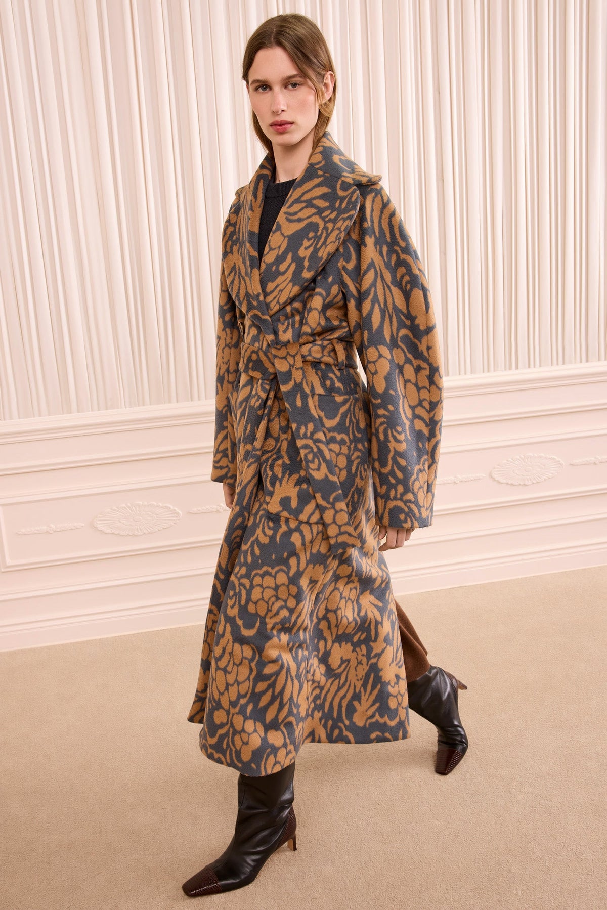 Pewter Jacquard Wool Trench Coat - Front View, On Model | Ulla Johnson