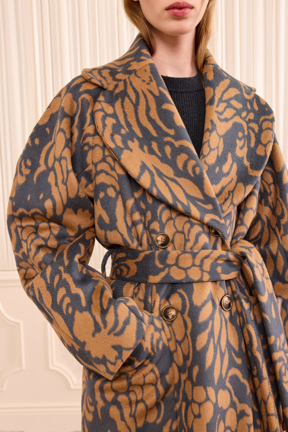 Pewter Floral Jacquard Wool Coat - Wide Lapel & Button Detail Close-Up | Ulla Johnson