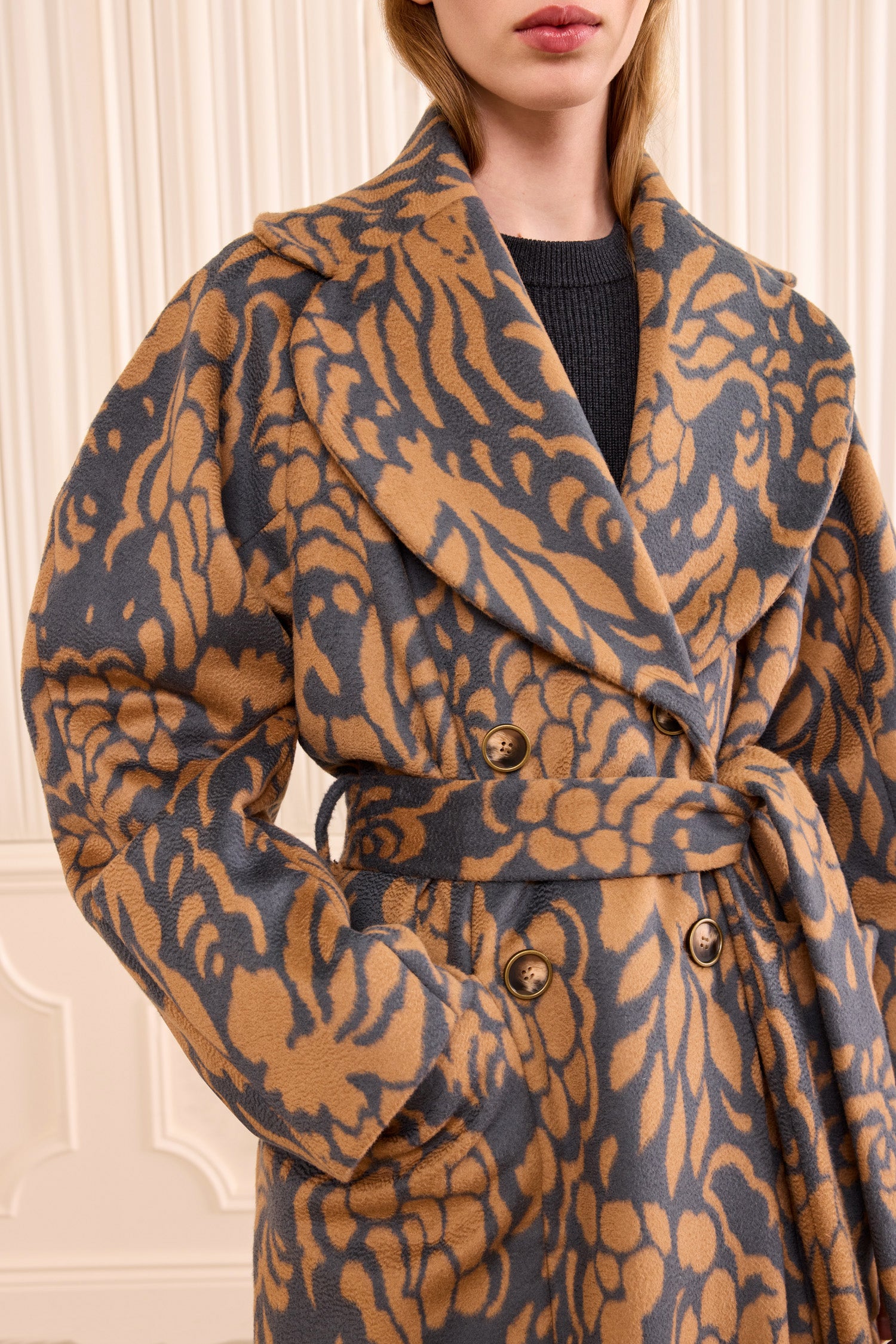 Ulla Johnson Pewter Floral Jacquard Wool Coat - Wide Lapel & Button Detail Close-Up | Ulla Johnson