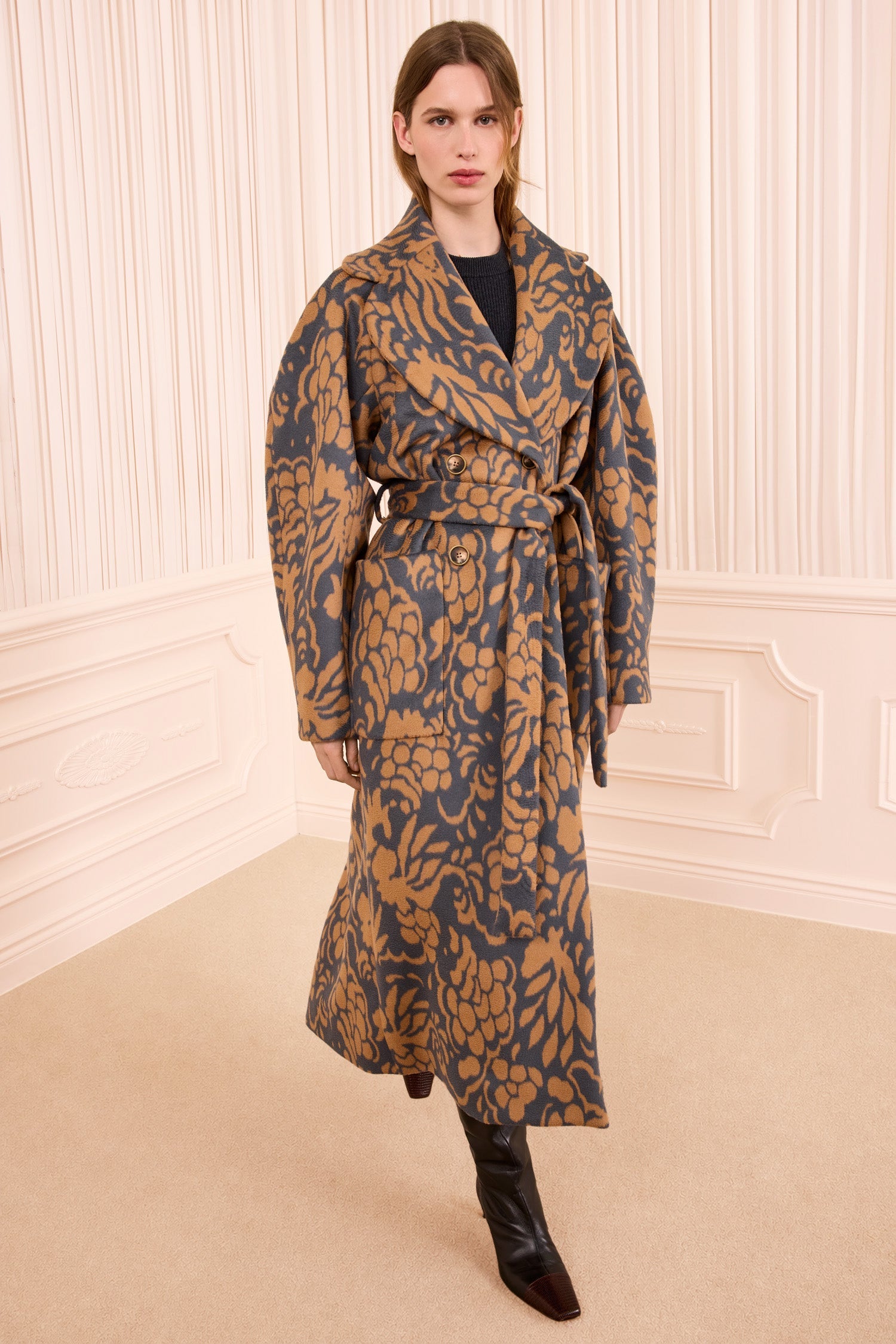 Ulla Johnson Pewter Jacquard Wool Belted Coat - Full-Length Front, On Model | Ulla Johnson