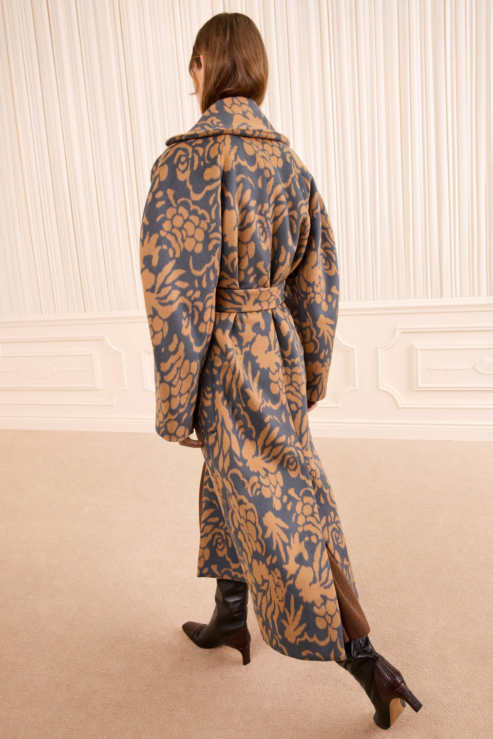 Pewter Floral Jacquard Wool Coat - Back View, On Model | Ulla Johnson