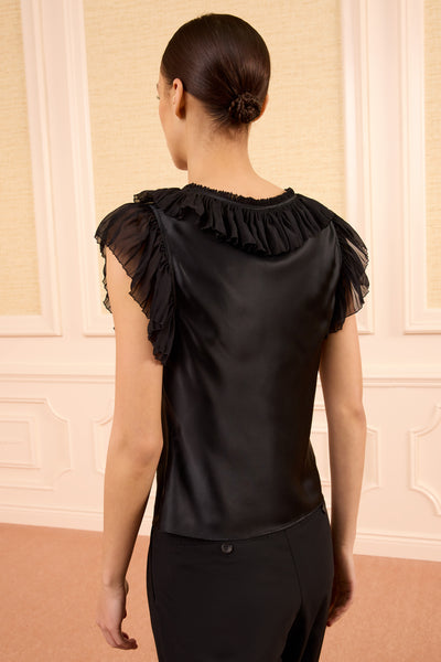 Black Washed Silk-Satin Lace-Up Top with Ruffled Chiffon Flutter Sleeves - Back View | Ulla Johnson