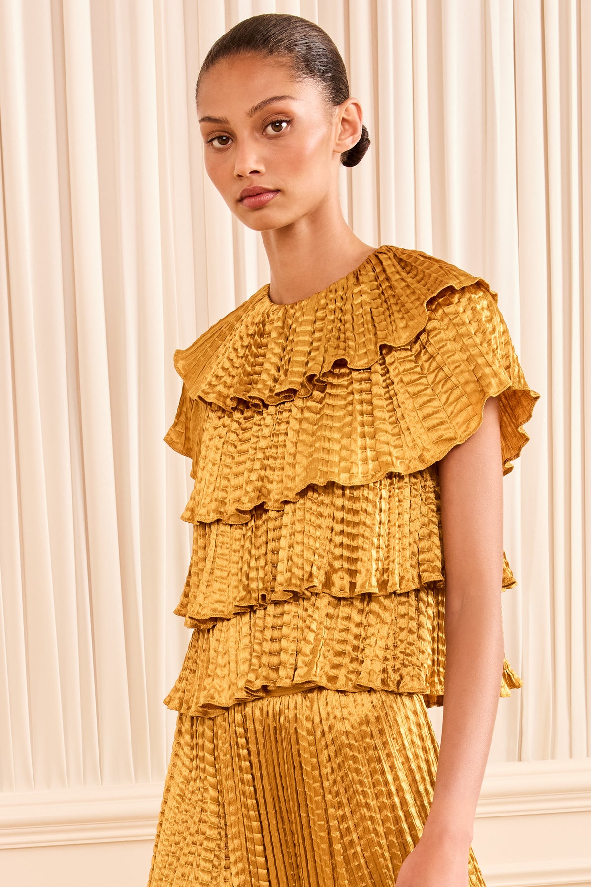 Topaz Satin Tiered Ruffle Blouse - On Model Close-Up | Ulla Johnson