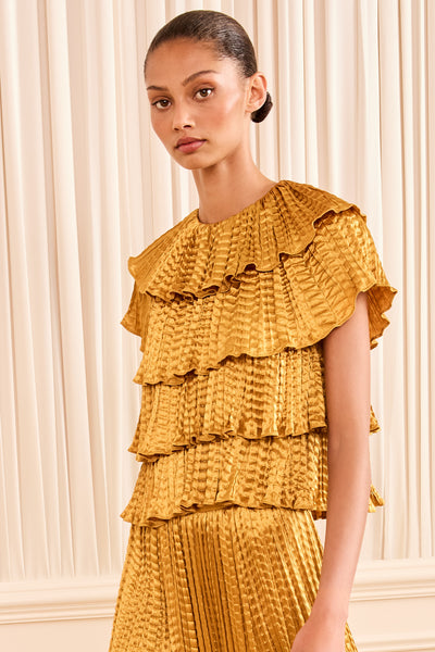 Topaz Satin Tiered Ruffle Blouse - On Model Close-Up | Ulla Johnson