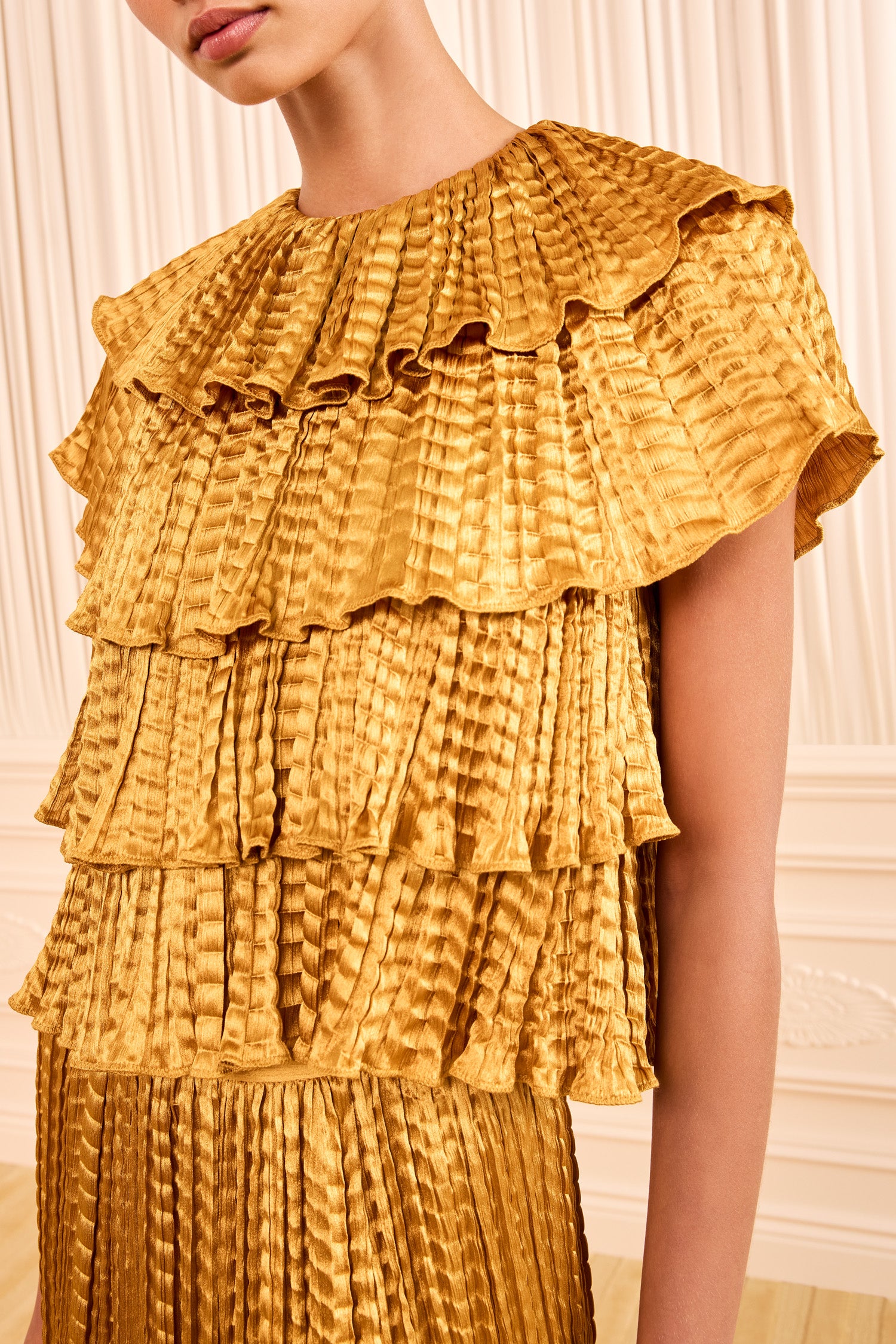 Ulla Johnson Topaz Pleated Satin Ruffle Top - Ripple Pleat Texture Detail | Ulla Johnson