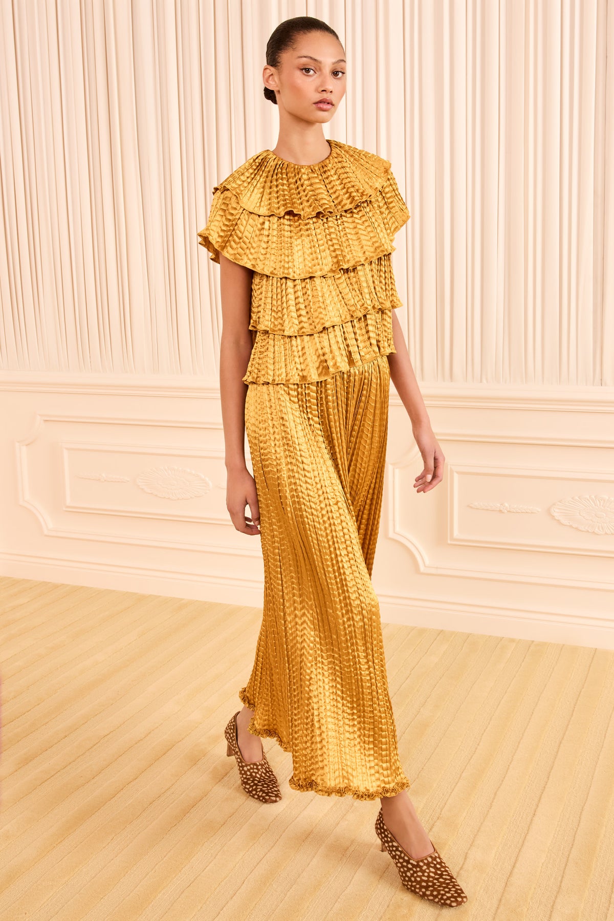 Topaz Satin Tiered Ruffle Top - Full Length Front View On Model | Ulla Johnson