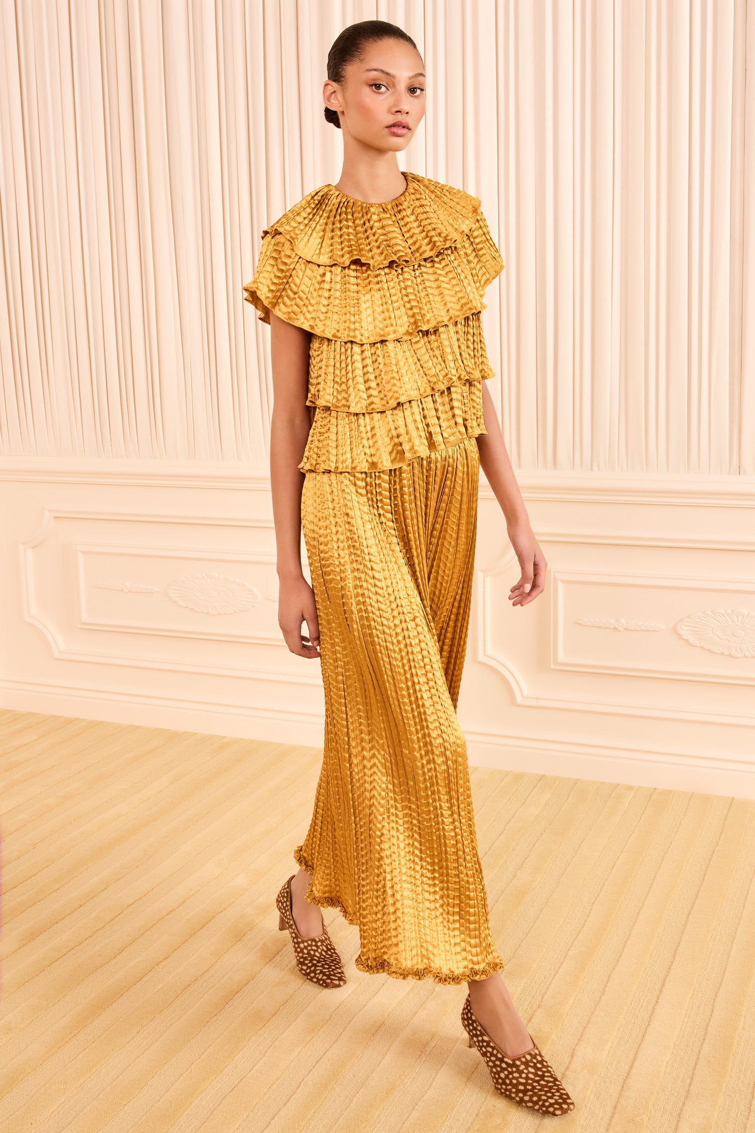 Ulla Johnson Topaz Satin Tiered Ruffle Top - Full Length Front View On Model | Ulla Johnson