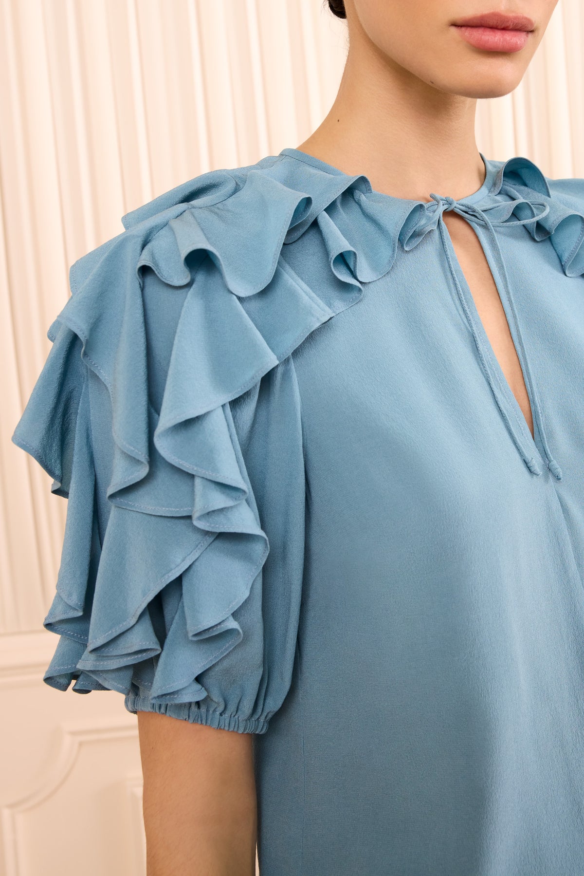 Heron Silk Top Cascading Ruffle Sleeve and Keyhole Tie Neckline Detail | Ulla Johnson