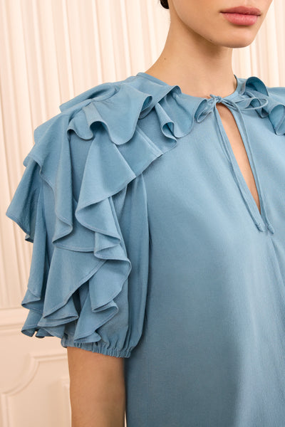 Heron Silk Top Cascading Ruffle Sleeve and Keyhole Tie Neckline Detail | Ulla Johnson