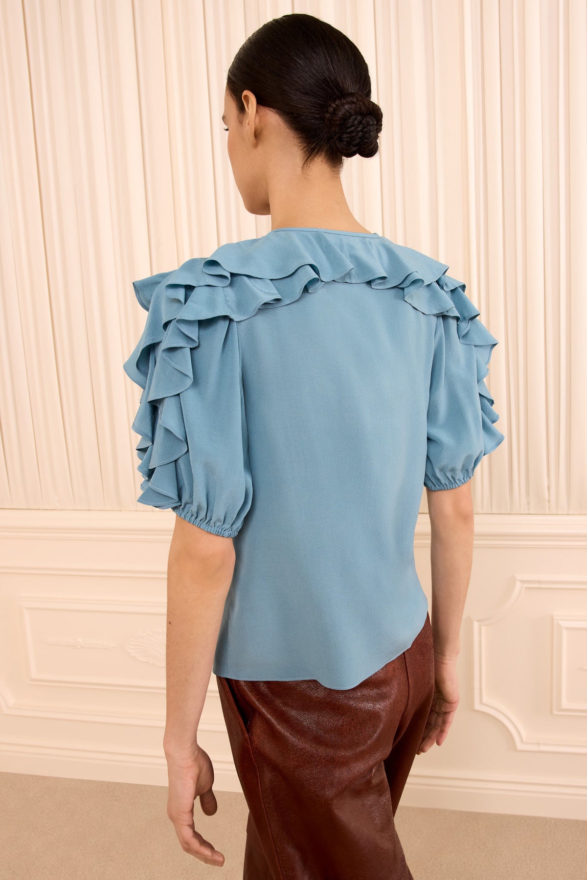 Heron Silk Ruffle Short Sleeve Top - Back View on Model | Ulla Johnson
