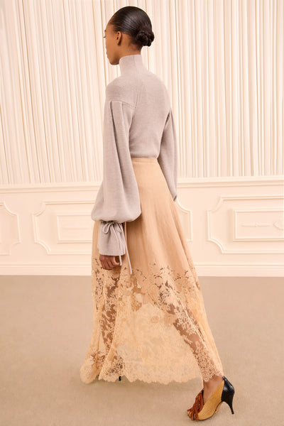 Almond Merino Wool Lace Midi Skirt - Back View On Model, Cascading Lace Hem | Ulla Johnson