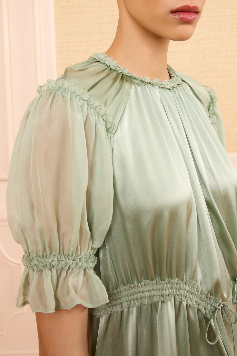 Celadon Silk-Satin Juliette Mini Dress - Ruffle Neckline & Puffed Sleeve Detail | Ulla Johnson