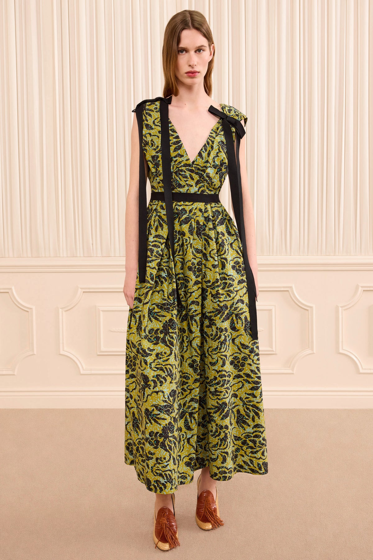 Chartreuse Floral Cotton Maxi Dress - Structured Waist Front View On Model | Ulla Johnson
