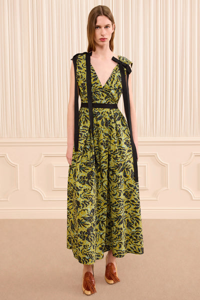 Chartreuse Floral Cotton Maxi Dress - Structured Waist Front View On Model | Ulla Johnson