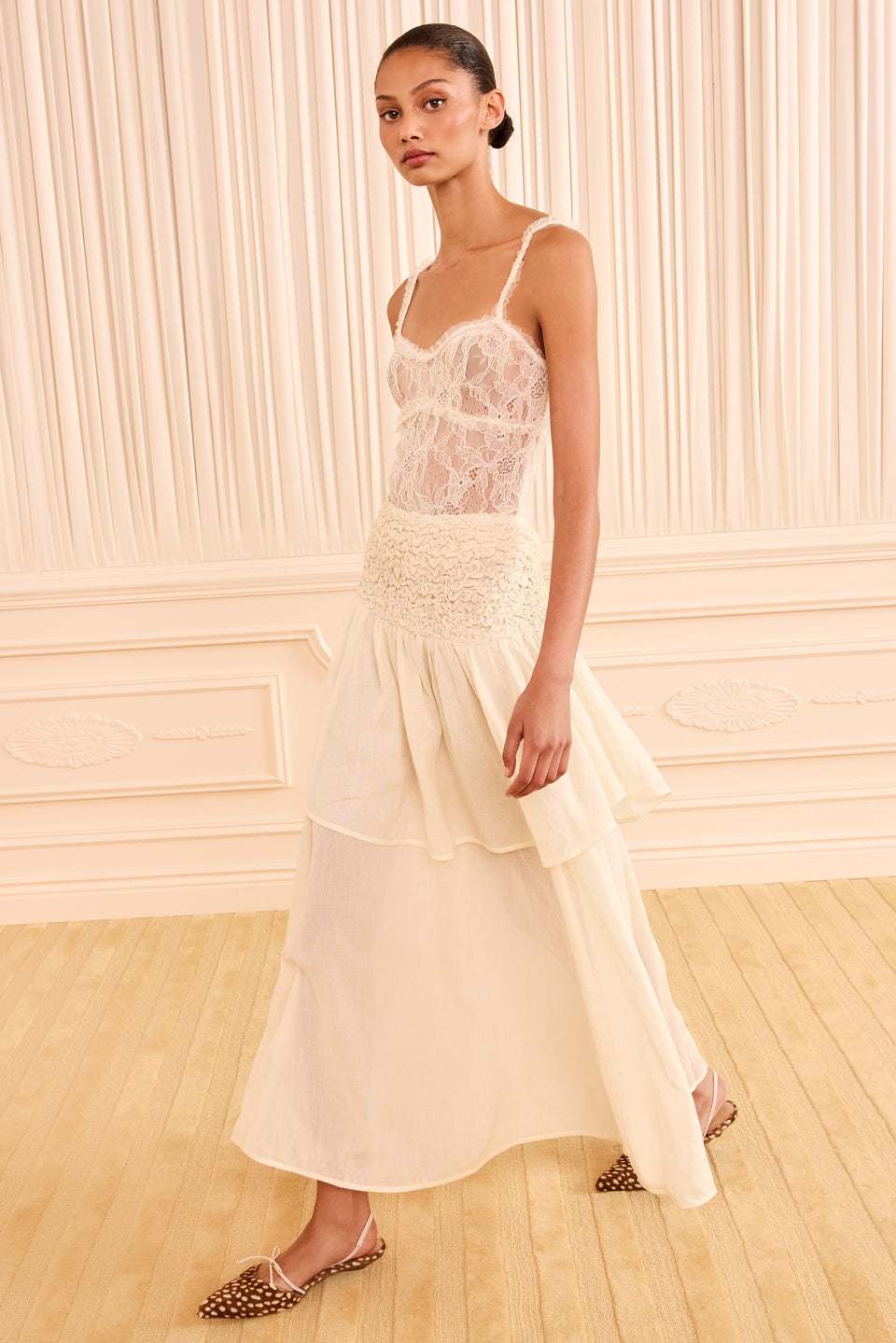 Cowrie Cotton Wool Tiered Midi Skirt - Side View On Model | Ulla Johnson