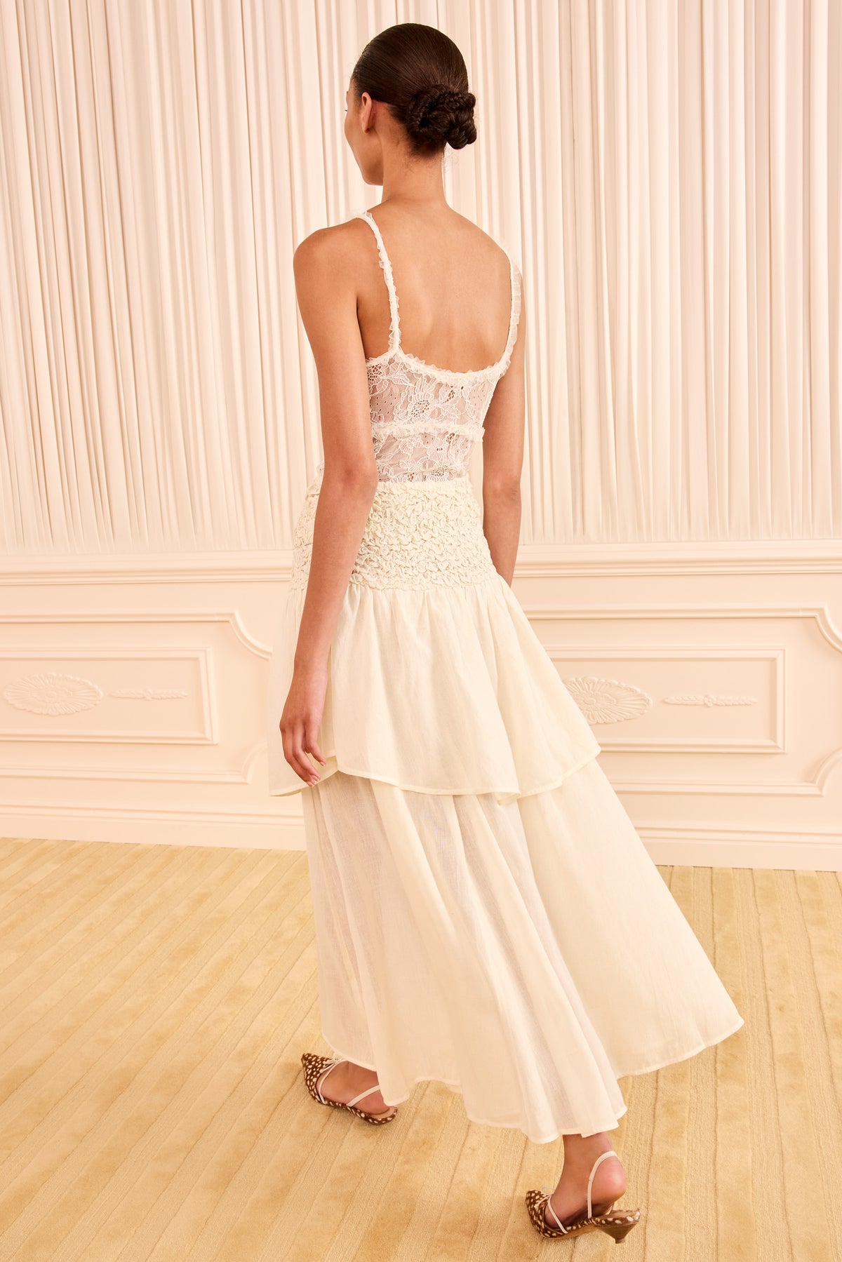 Cowrie Cotton Wool Tiered Midi Skirt - Back View On Model | Ulla Johnson