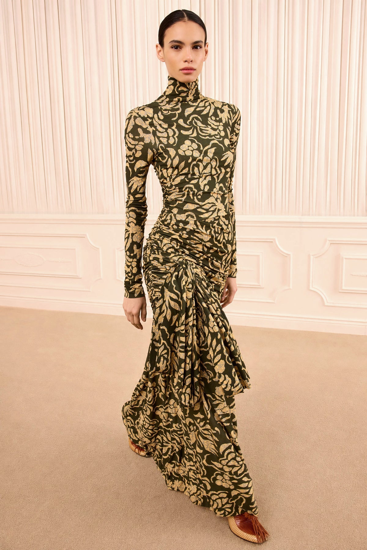 Khaki Floral Jersey Draped Maxi Dress - Front View, On Model | Ulla Johnson