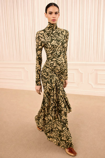 Khaki Floral Jersey Draped Maxi Dress - Front View, On Model | Ulla Johnson