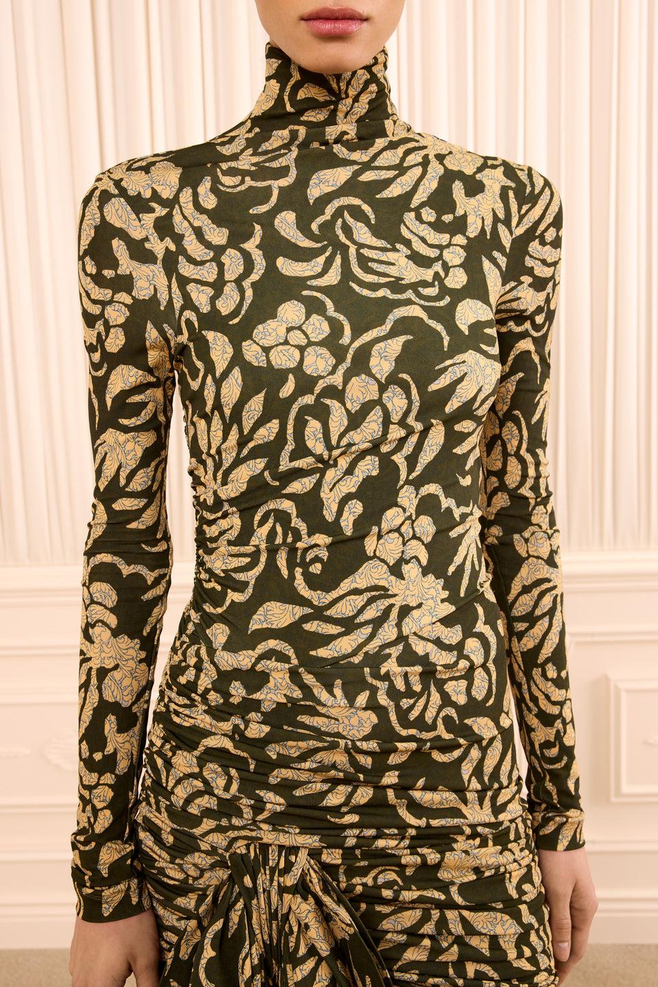 Khaki Floral Jersey Turtleneck Dress - Bodice Close-Up, Ruched Detail | Ulla Johnson