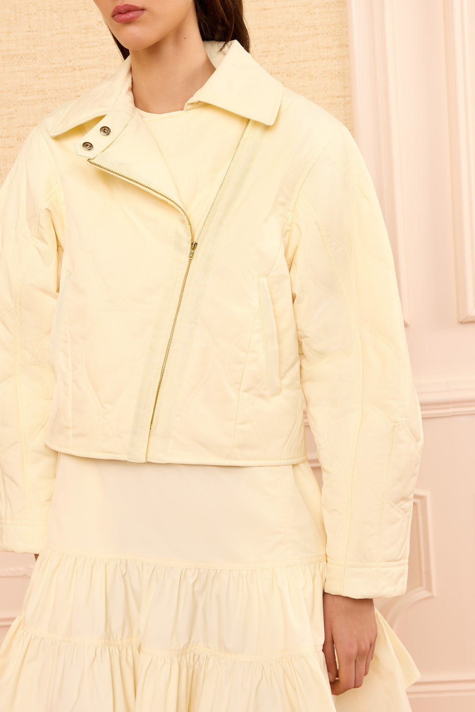 Butter Quilted Jacket Asymmetric Zip Close-Up Detail - On Model | Ulla Johnson