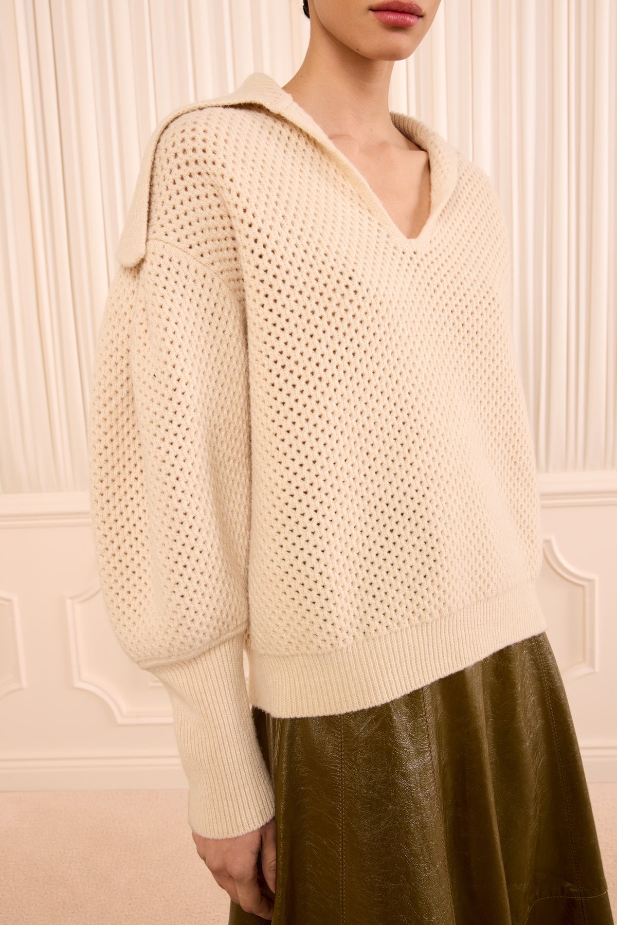 Cloud Merino Wool Knit Pullover, Shawl Collar Close-Up Detail | Ulla Johnson