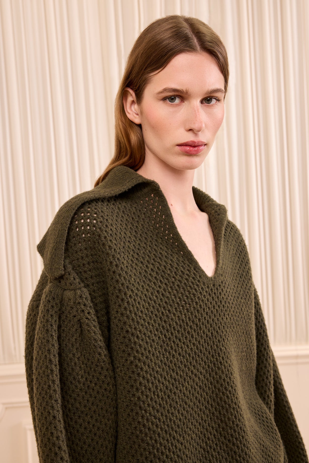 Militaire Merino Wool Knit Pullover - Shawl Collar Close-Up Detail | Ulla Johnson